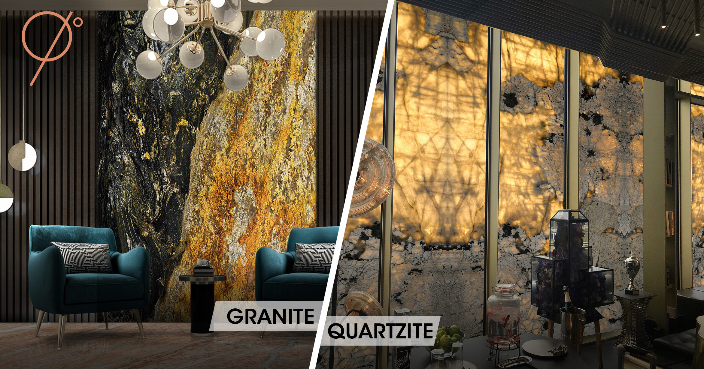 Front-lit granite wall highlight vs. Backlit quartzite focus wall 