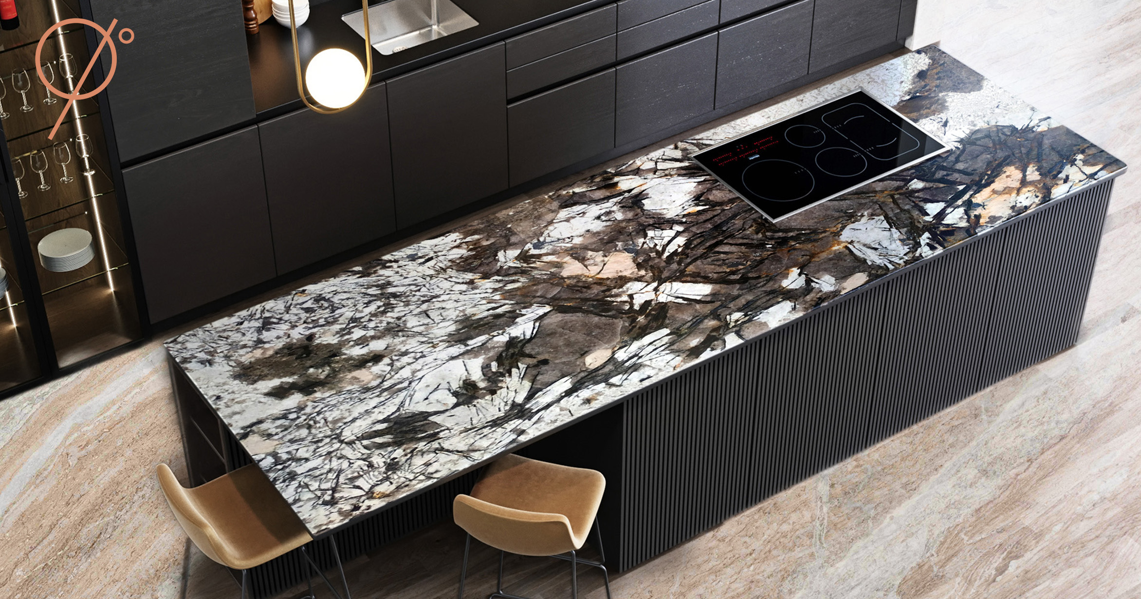 Granite in kitchen: Granite countertop & kitchen island, granite flooring; Ninety Degree Stone