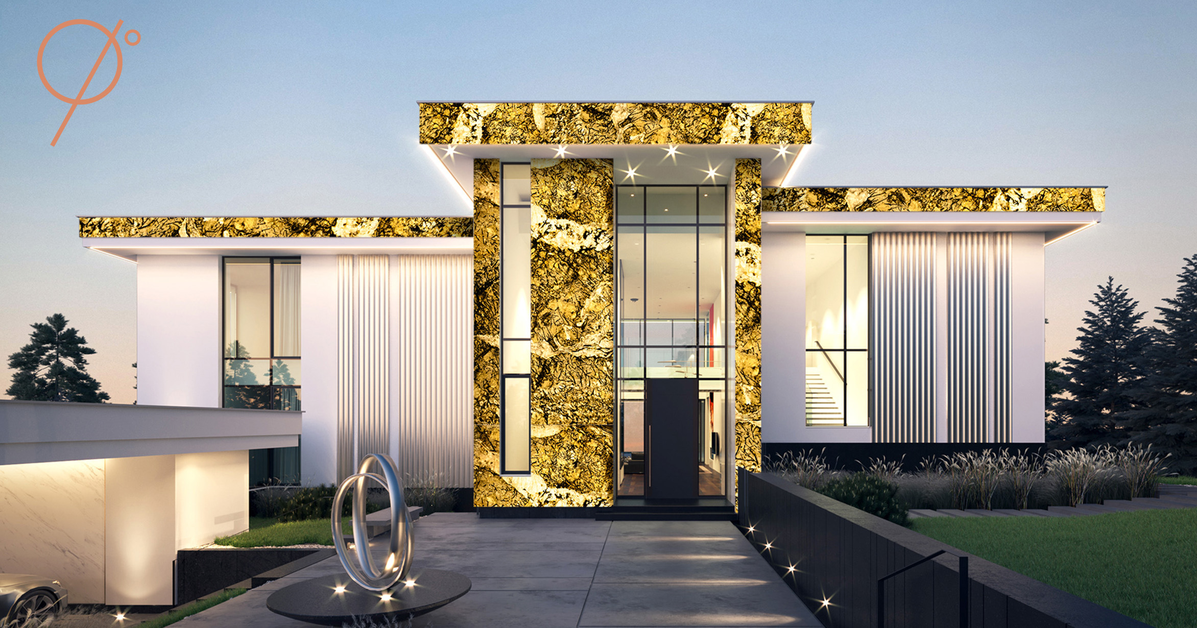 A luxurious villa adorned with backlit quartzite exterior facade. The stone lends a warm golden touch to the home while elevating the lavishness. Backlit Stones in Interior Design Trends: Ninety Degree Stone