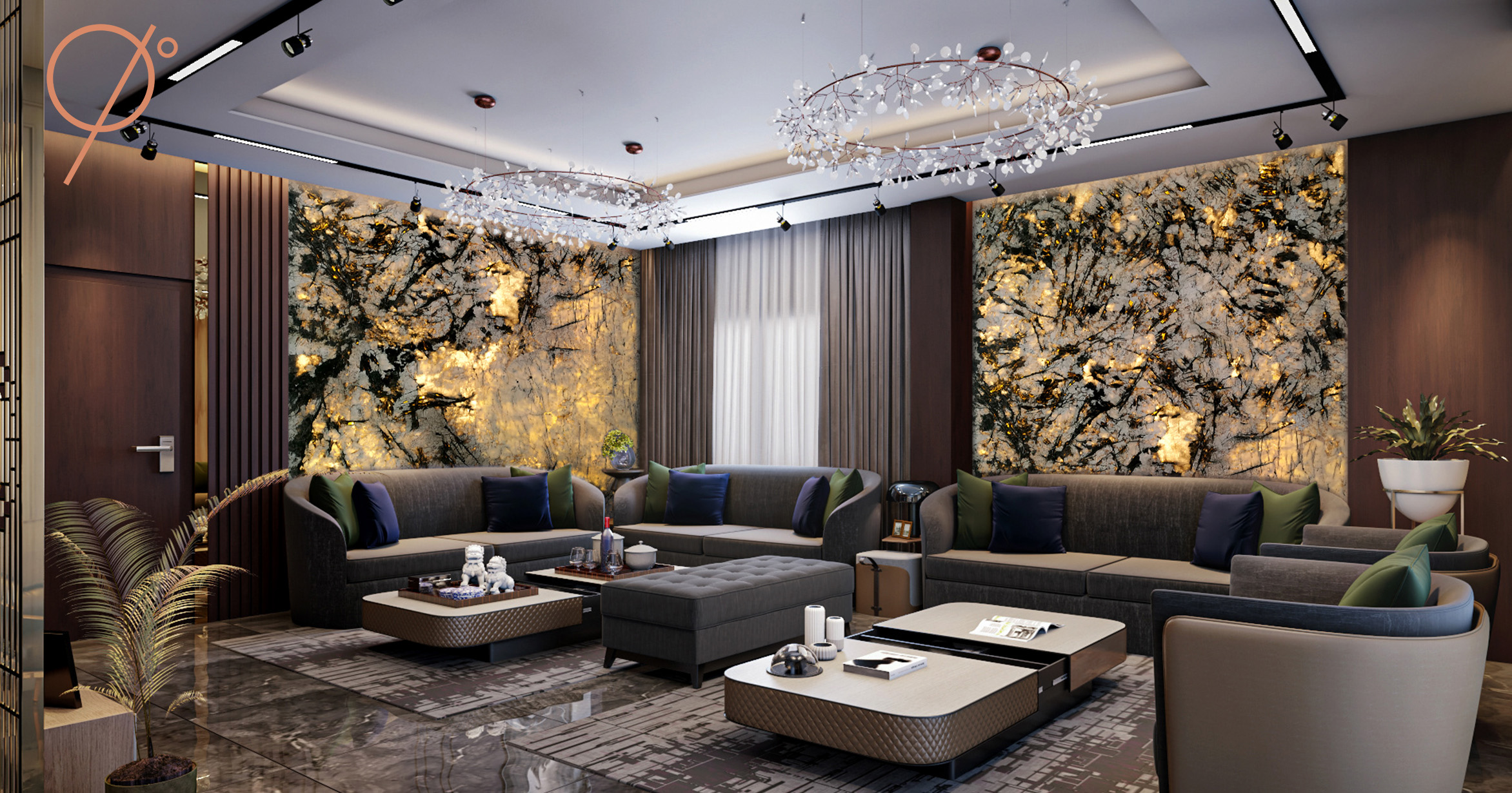 Adding a touch of nature's finesse to the luxurious living room, the backlit quartzite slabs are attractive in their own right. Backlit Stones in Interior Design Trends: Ninety Degree Stone